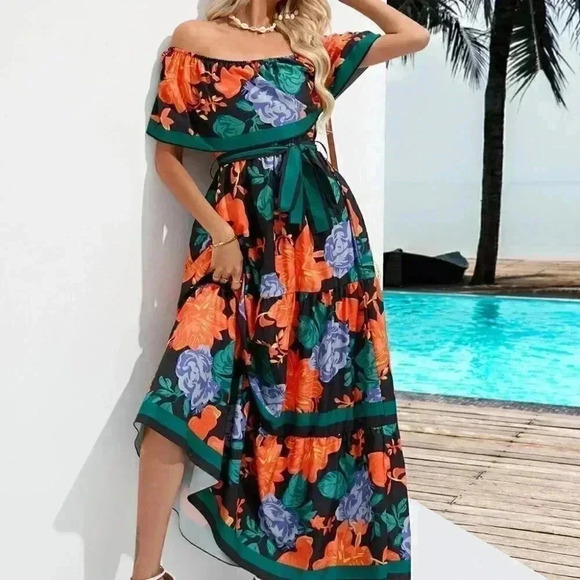 Multicolor Boho Womens Floral Print Off Shoulder Belted A-line Dress - Picture 1 of 5